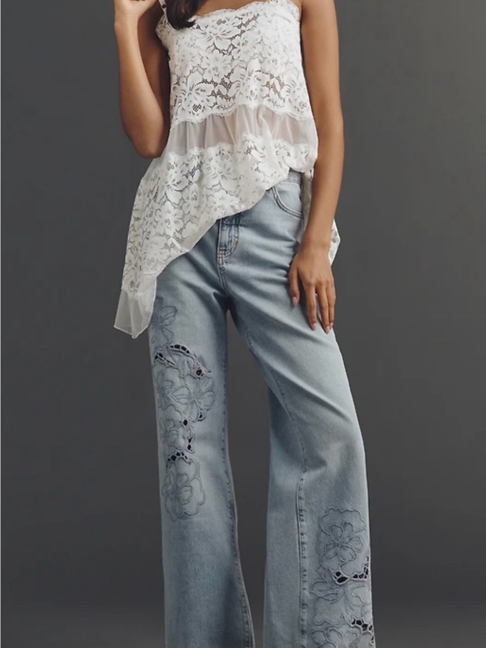 Pilcro Anthropologie Austyn Light Blue Embroidered highrise Wide-Leg Jeans 16W